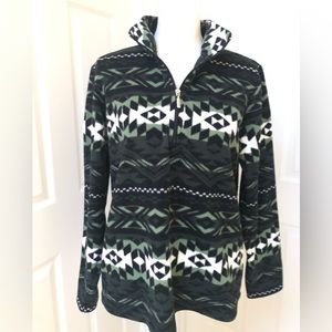 Denim & Co Half Zip Green, Black & White Southwest Pullover Top.